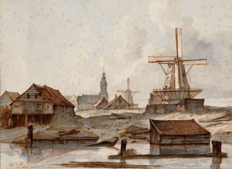 Vooraan bolwerk Westerbeer met rechts molen de Beer in midden molen de Kraai op bolwerk Sloterdijk en de Haarlemmerpoort (H.G.ten Cate, 1836)