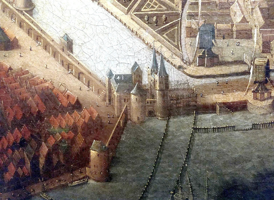 Singel, 2de Haarlemmerpoort detail van een schilderij van Jan Christiaensz Micker (circa.1540)