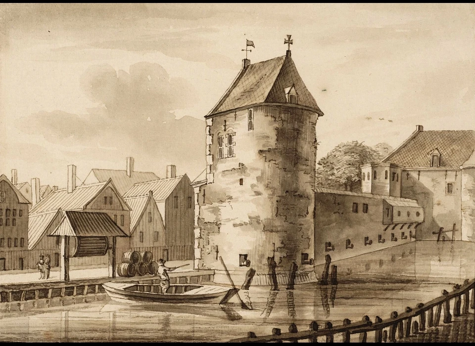 Singel, Heilige Kruistoren, later Haringpakkerstoren rechts 2de Haarlemerpoort (A.Stellingwerf, ca.1800) (naar situatie 1590)