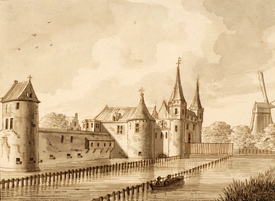 Singel, 2de Haarlemmerpoort en links Heilige Kruistoren later Haringpakkerstoren (A.Stellingwerf, ca.1800) (naar situatie 1590)