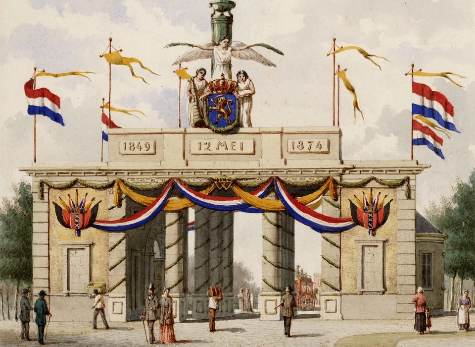 Haarlemmerplein 50 Willemspoort versiering bij 25-jarig regeringsjubileum koning Willem III (J.M.A.Rieke, 1874)