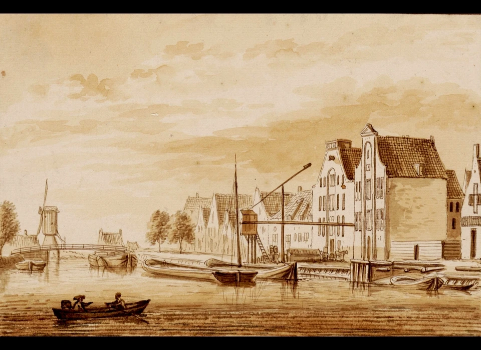 Brouwersgracht, gezien in westelijke richting naar de Bullebaksluis en molen De Kraay op bolwerk Sloterdijk (Abraham Rademaker, 1654)