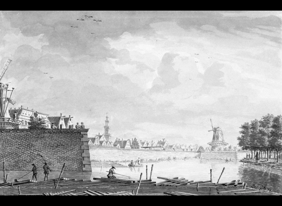 Marnixstraat links naar bolwerk Sloterdijk met molen De Kraay en rechts bolwerk Haarlem met molen De Palm (Dirk Verrijk, ca.1770)