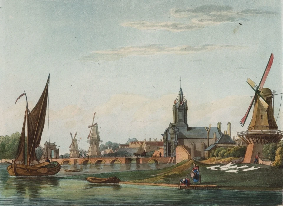 Haarlemmerpoort vanuit het zuidoosten. Rechts molen De Kraay op bolwerk Sloterdijk. Achter brug van de Haarlemmerpoort de molens De Beer (bolwerk Westerbeer) en De Vervanger (bolwerk De Bocht) (Cornelis Kruyff, 1825)