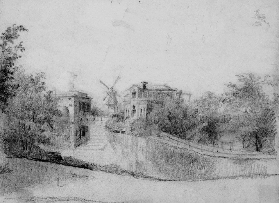 Singelgracht met rechts het Stationskoffiehuis Belvédère en links de Willemspoort, op de achtergrond molen De Kraay op bolwerk Sloterdijk (ca.1850)