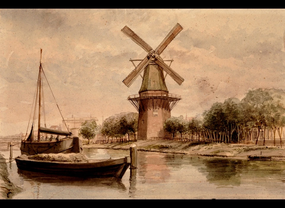 Marnixstraat bolwerk Sloterdijk met molen De Kraay gezien in noordelijke richting naar de Willemspoort (Herman M.J.Misset, ca.1870)