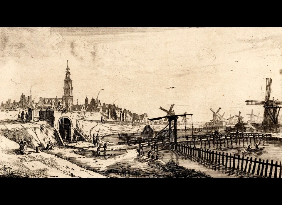 Marnixstraat, Zaagmolenpoort gezien vanaf het bolwerk Karthuizers. Rechts de Singelgracht. Op achtergrond de Westertoren (Reinier Nooms, 1654)