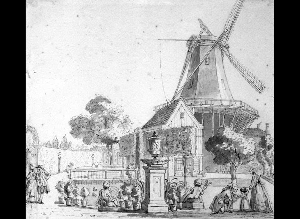 Marnixstraat Bolwerk Slotermeer molen De Hooiberg en pleziertuin eigendom van de bierbrouwer F.L.Harderwijk (Reinier Vinkeles, 1770)