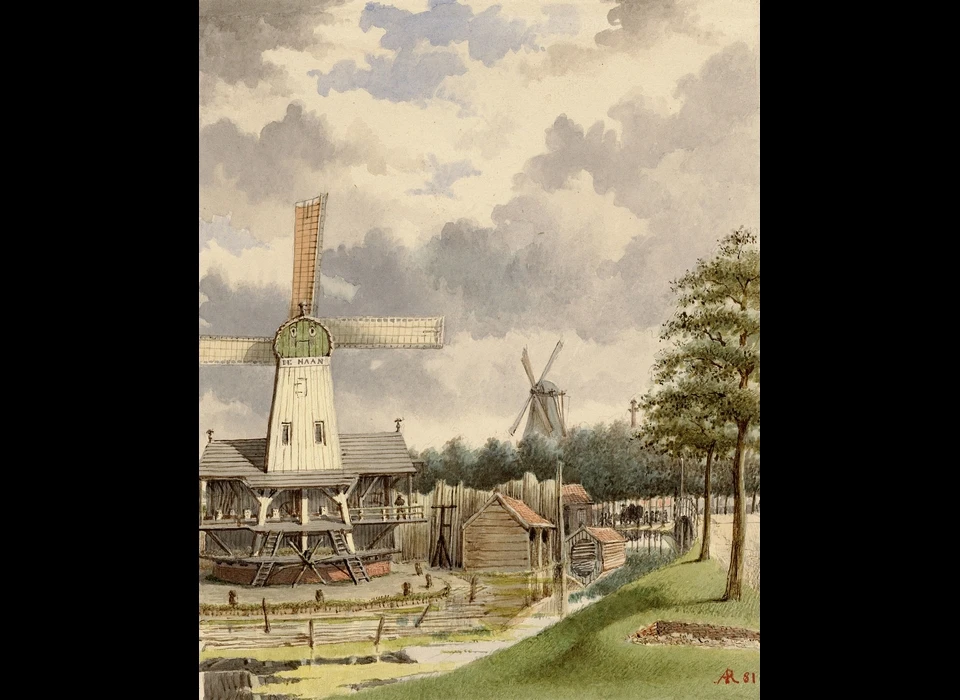 Midden achter molen De Victor op bolwerk Rijk, in voorgrond molen De Haan aan de Da Costakade (J.M.A.Rieke, 1881)