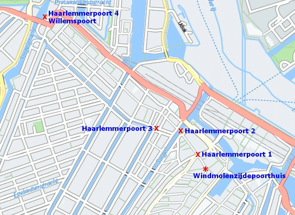 Plattegrond met de locaties van de diverse Haarlemmerpoortgebouwen (2024)