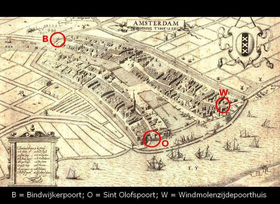 Fictieve plattegrond Amsterdam ligt ingeklemd tussen Oudezijds en Nieuwezijds Voorburgwal, Spui, Grimburgwal en IJ (ca.1342)