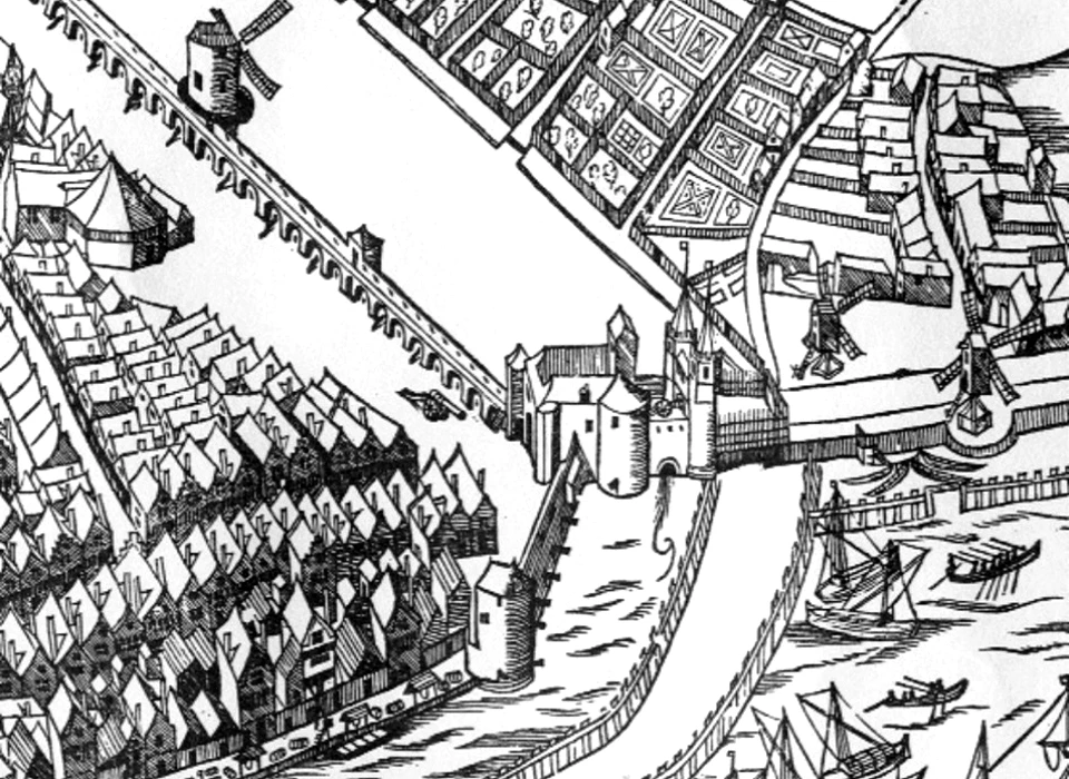 Detail van plattegrond door Cornelis Anthonisz bij Singel met 2de Haarlemmerpoort (1544)