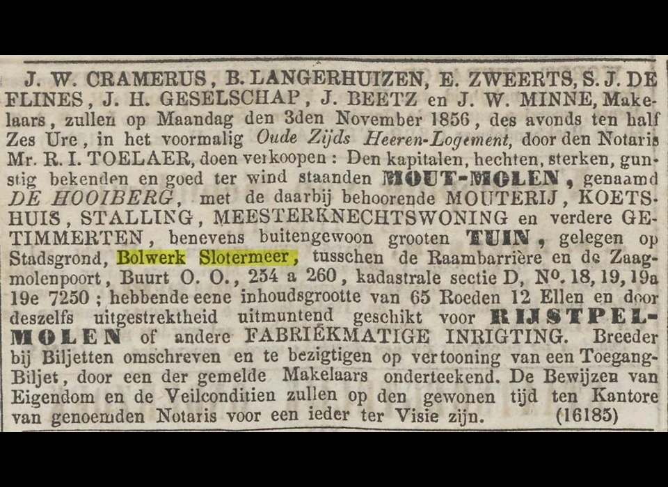 Veilingadvertentie van de molen en annexen op het bolwerk Slotermeer in Algemeen Handelsblad (30-9-1856)