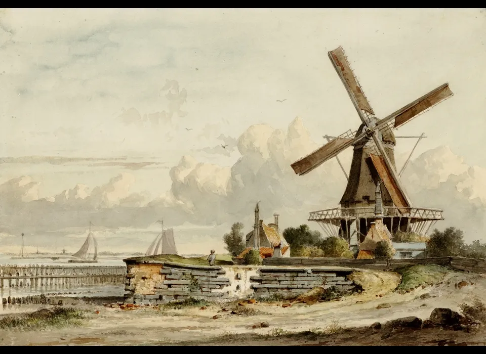 Bolwerk Leeuwenburg / Blauwhoofd molen De Bok, over het water de Kale Nes in noord. (1813)