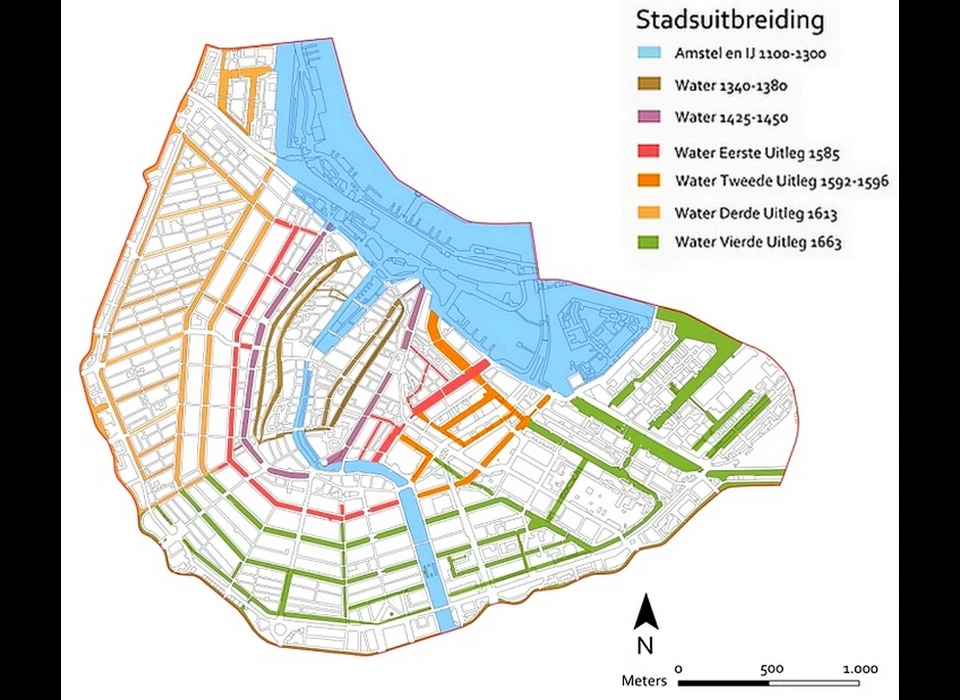 De uitbreidingen van Amsterdam van 1340 tot 1663, in kleur de toen gegraven waterwegen