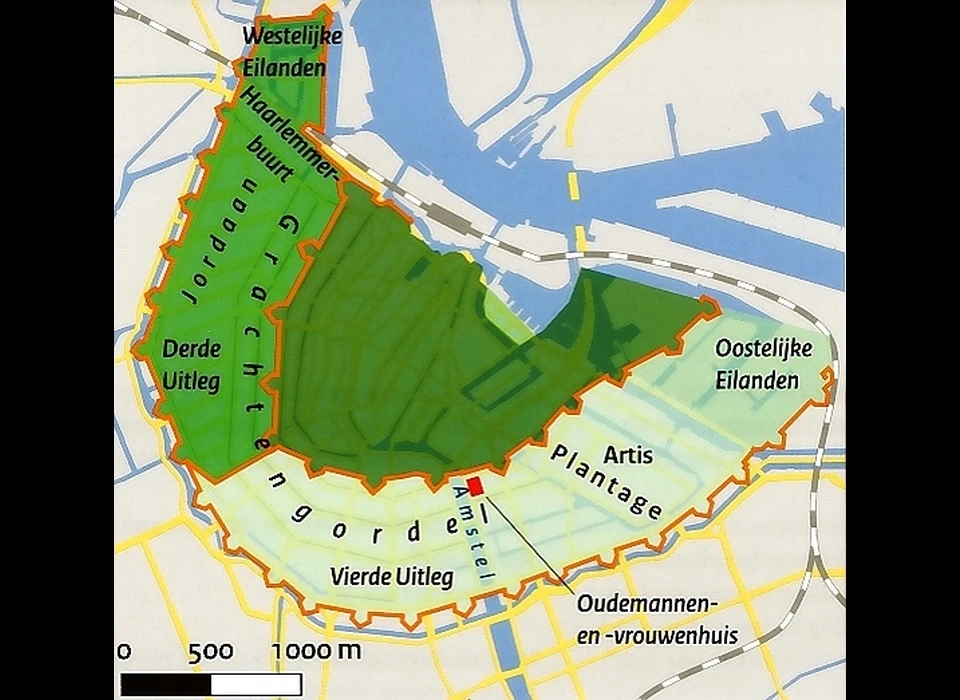 Plattegrond Amsterdam met afgetekend de Eerste en Tweede Uitleg en vervolgens grachtengordel en Jordaan (Derde en Vierde Uitleg) (1675)