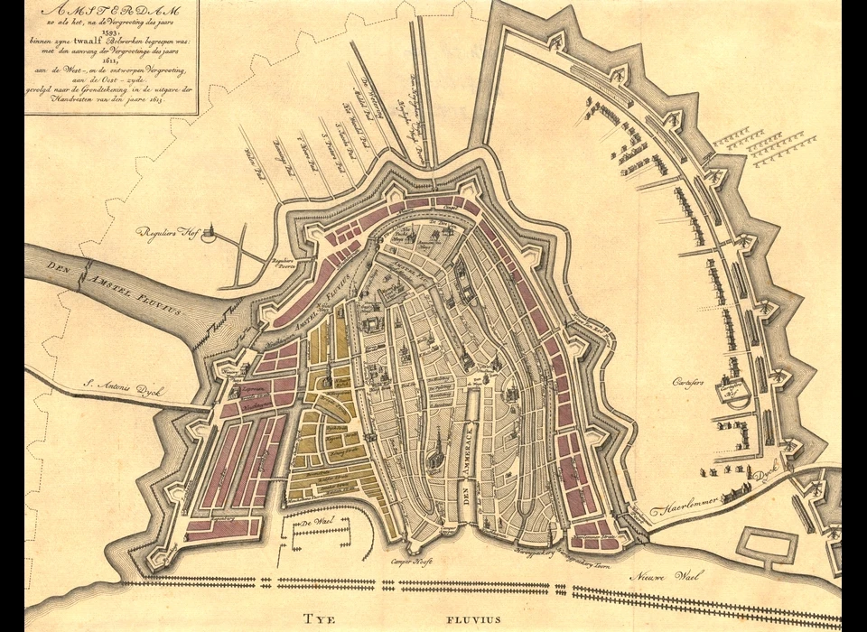 Plattegrond Amsterdam met aftekening Derde Uitleg van 1610 (I.Tirion, 1760)