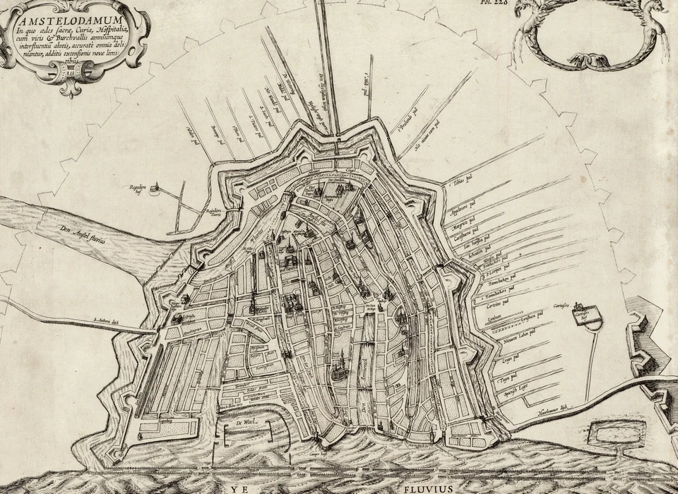 Plattegrond Amsterdam met de Derde en Vierde Uitleg ingetekend (1612) 