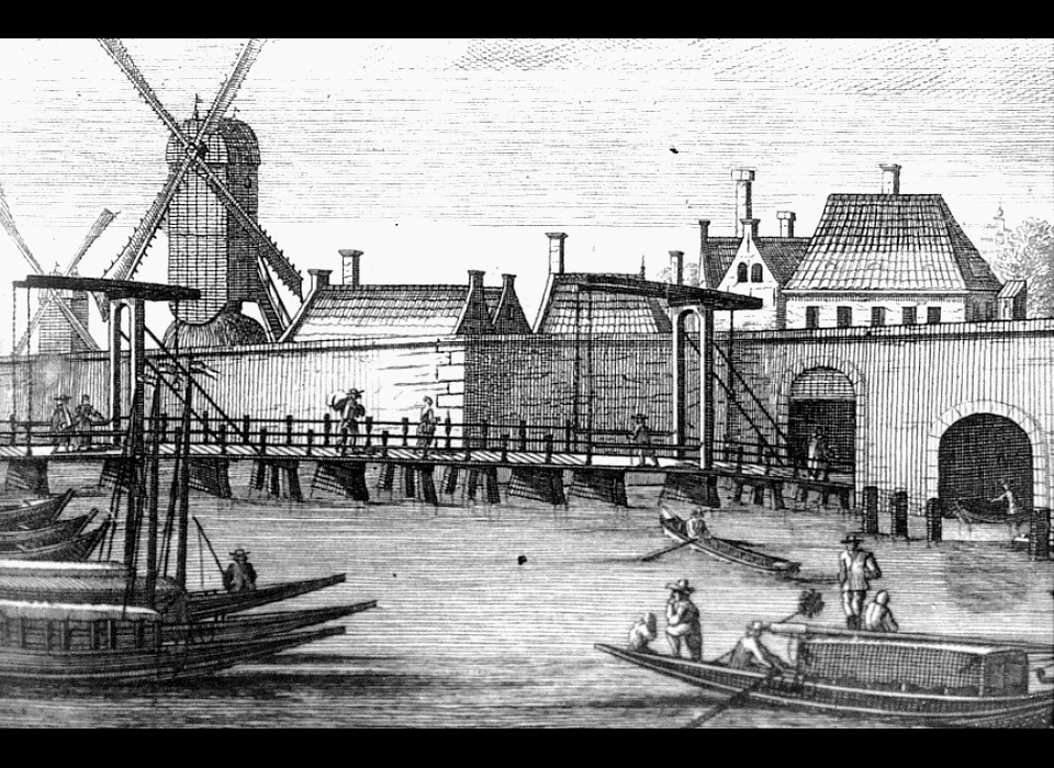 Buitensingelgracht met brug voor de Raampoort rechts toegang Bullebaksluis (circa 1790)