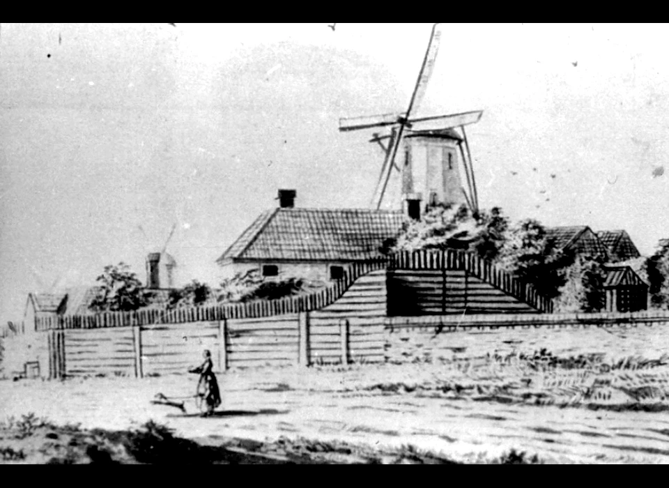 Marnixstraat Bolwerk Slotermeer tegenover Anjelierstraat met molen De Hooiberg (circa 1650)