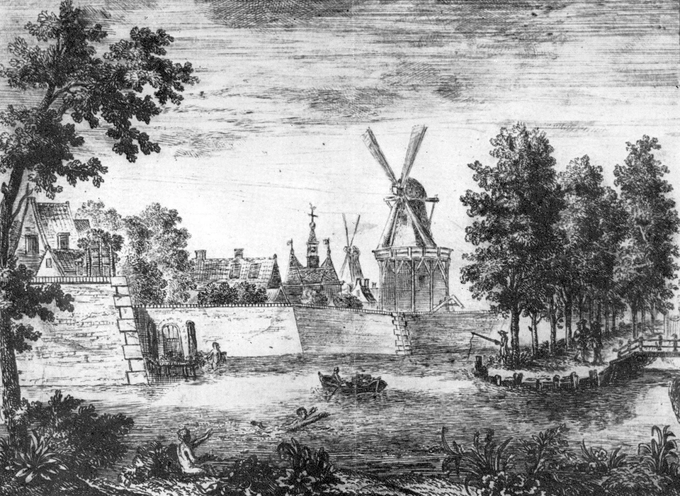 Buitensingelgracht bij Raampoort brug verdwenen pontje (roeiboot) in het midden (circa 1750)