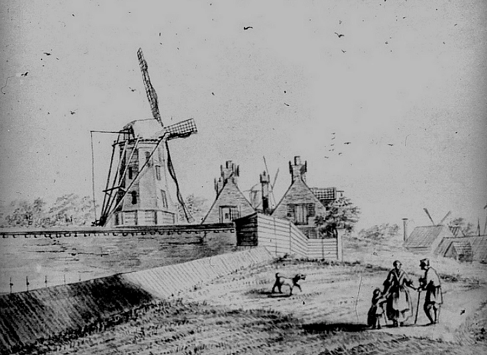 Marnixstraat molen Het roo Hart op bolwerk Nieuwkerk (Bartholomeus Barbiers, 1780)