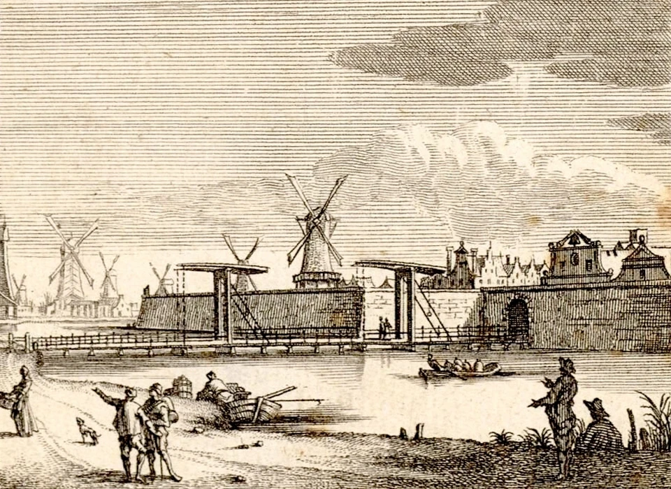 Midden bolwerk Karthuizers, naar rechts Zaagmolenpoort en Klokkengieterij met bel in gevel (Jan Goeree, 1730)