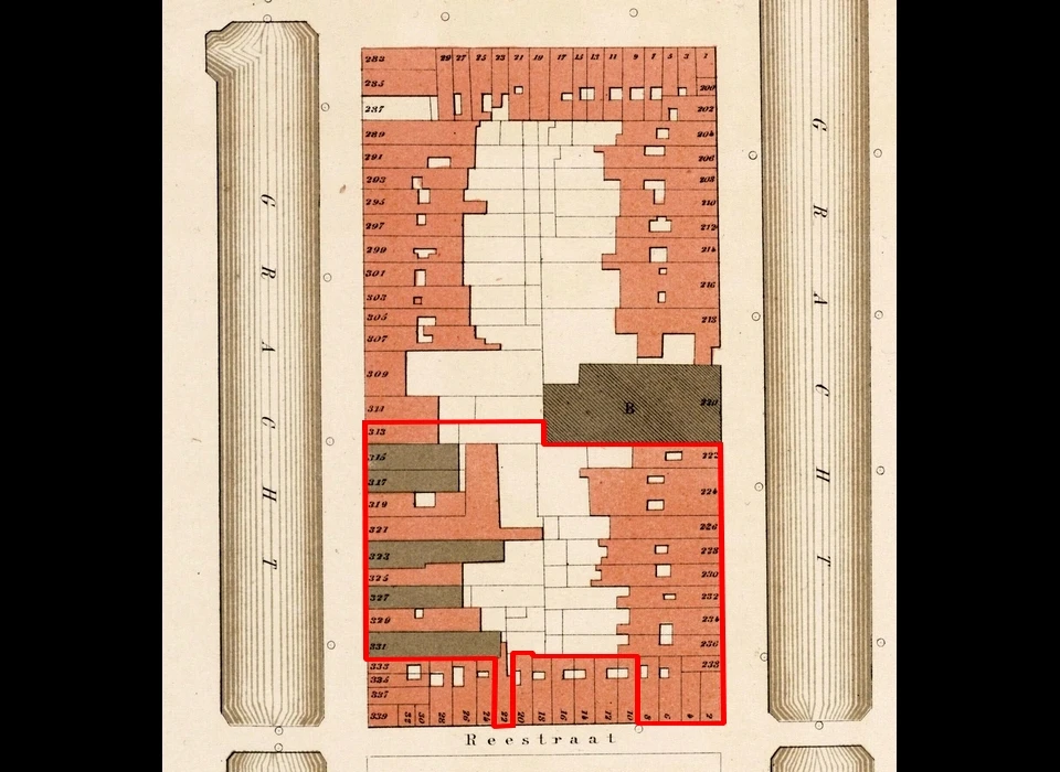 Pulitzer Hotel ingetekend op buurtkaart (ca.1850)