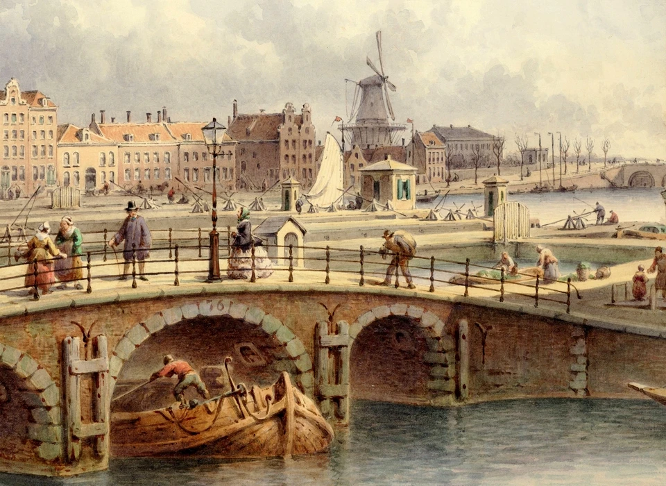 Bolwerk Oosterblokhuis met molen De Bul gezien vanaf Prinsengracht over Amstelsluizen, rechts de Hogesluis (Johannes Jacobus Antonius Hilverdink (1813-1902), 1855)