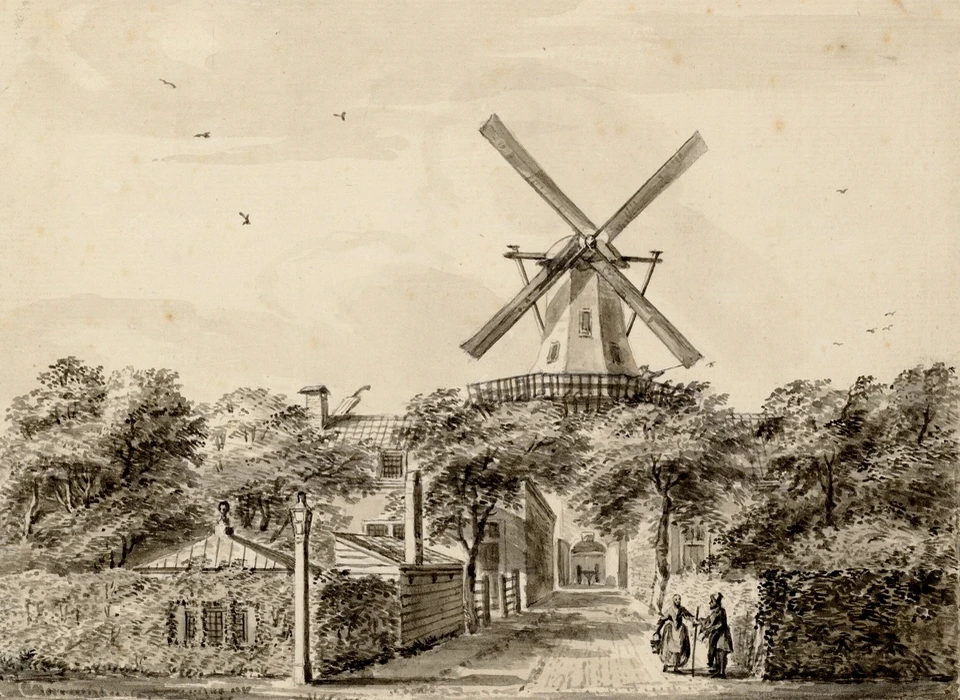 Molen De Bul op bolwerk Oosterblokhuis gezien vanaf Schans later Sarphatistraat (Bartholomeus Barbiers (1743-1808), 1770)