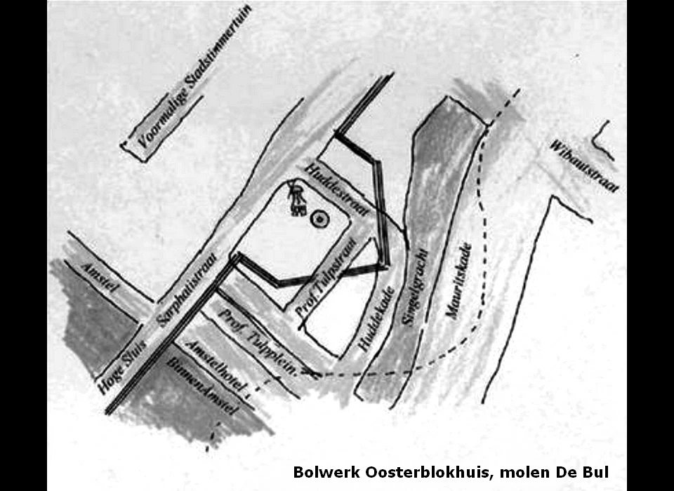 Bolwerk Oosterblokhuis getoond op huidige stratenpatroon