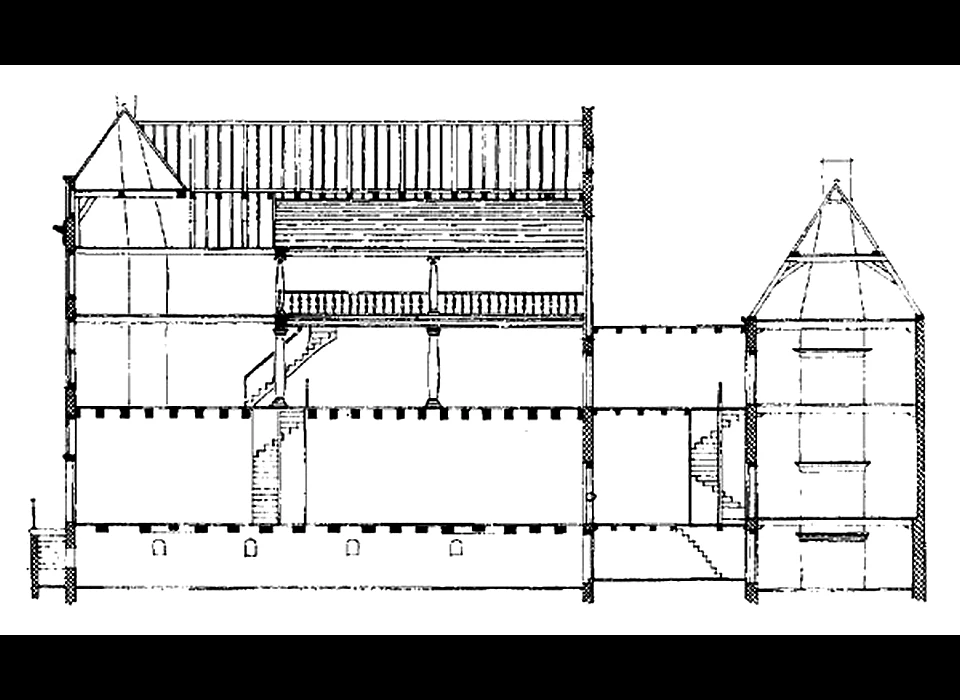 Raamgracht 6-8 dwarsdoorsnede van het gebouw, links voorhuis, rechts het dwarsgeplaatste achterhuis (tekening Zantkuijl) (1962)