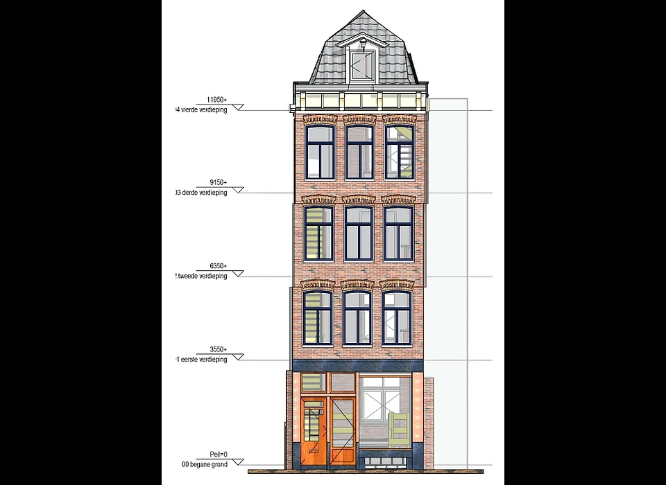 Reestraat 22 resultaat van de uitgetekende scan met verdiepingshoogten