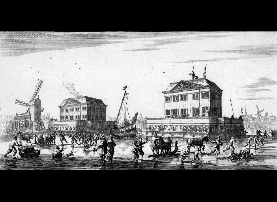 Het Westerblokhuis en Oosterblokhuis in de Amstel, links molen De Groen op het latere bolwerk Westerblokhuis (Reinier Nooms, 1654)