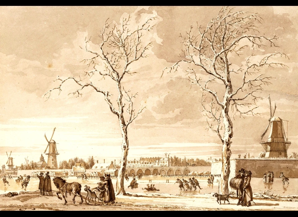 Rechts het Oosterblokhuis met molen De Bul, links het Westerblokhuis met molen De Groen en daarachter de Utrechtsepoort (Reinier Vinkeles, 1793)