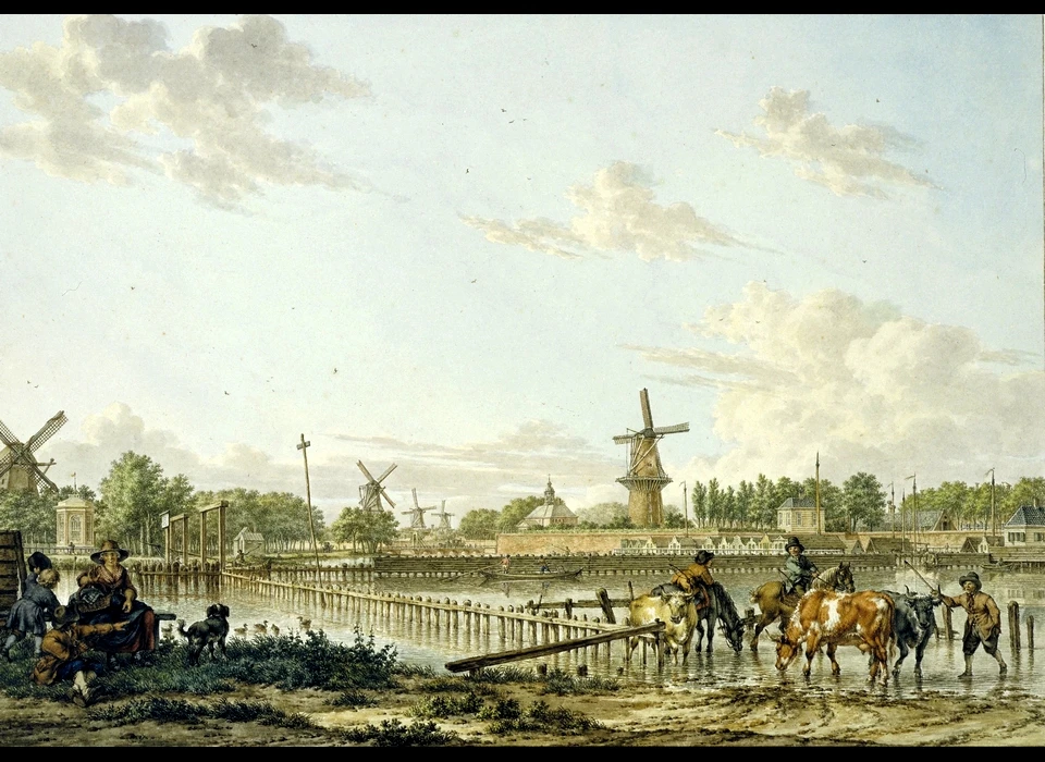 Kruising van de Amstel en de Singelgracht, gezien van de Singelweg buiten de Weesperpoort, midden bolwerk Westerblokhuis met molen De Groen (Jacob Cats, 1784)