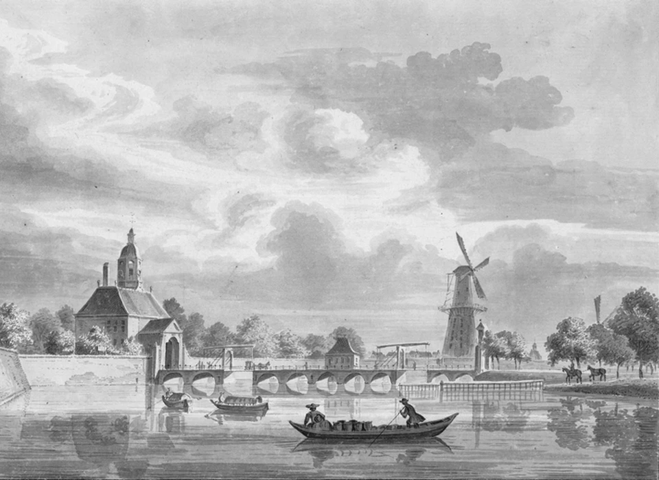 Singelgracht naar Utrechtsepoort (links) en middenrechts bolwerk Westerblokhuis met 'De Hooge Steenen Molen' (Pieter Jan van Liender, 1754)