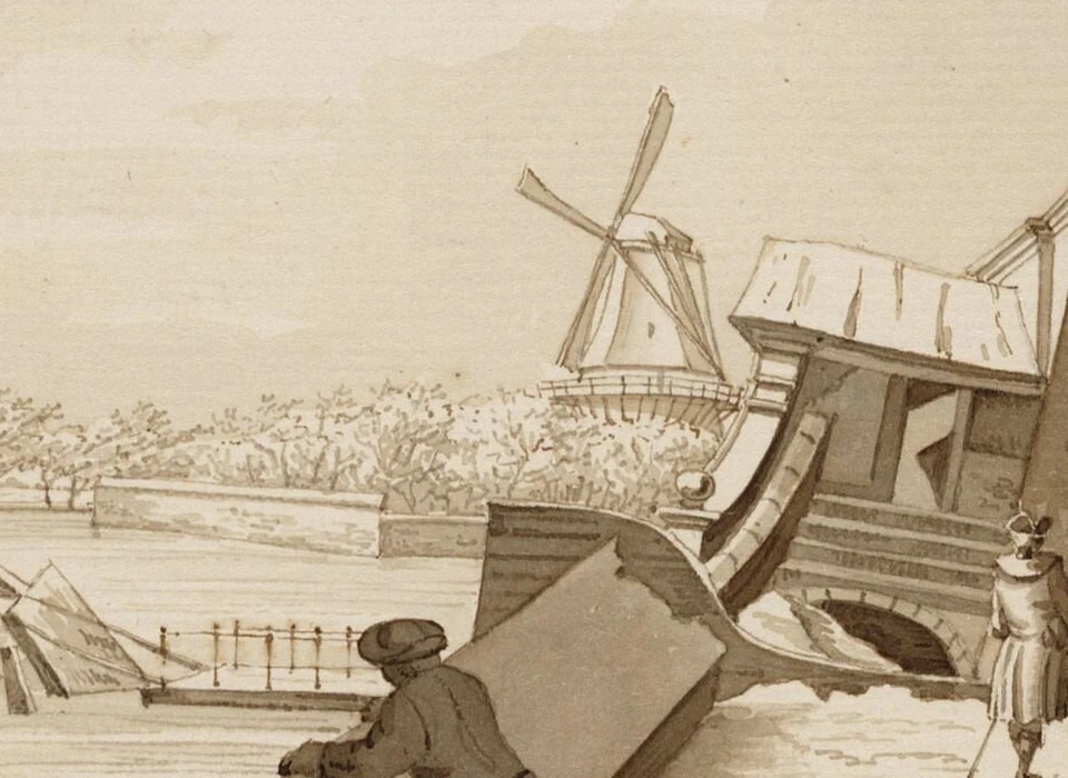 Molen De Hond op bolwerk Muiden rechts de ingestorte Muiderpoort (Hendrik Keun, 1769)