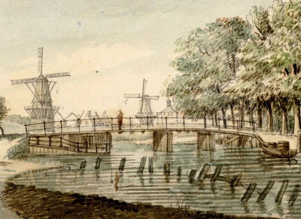 Midden bolwerk Weesp met molen Het Fortuyn en Weesperpoort gezien over de Schans (nu Sarphatistraat) (Dirk Verrijk (1734-1786), 1770)