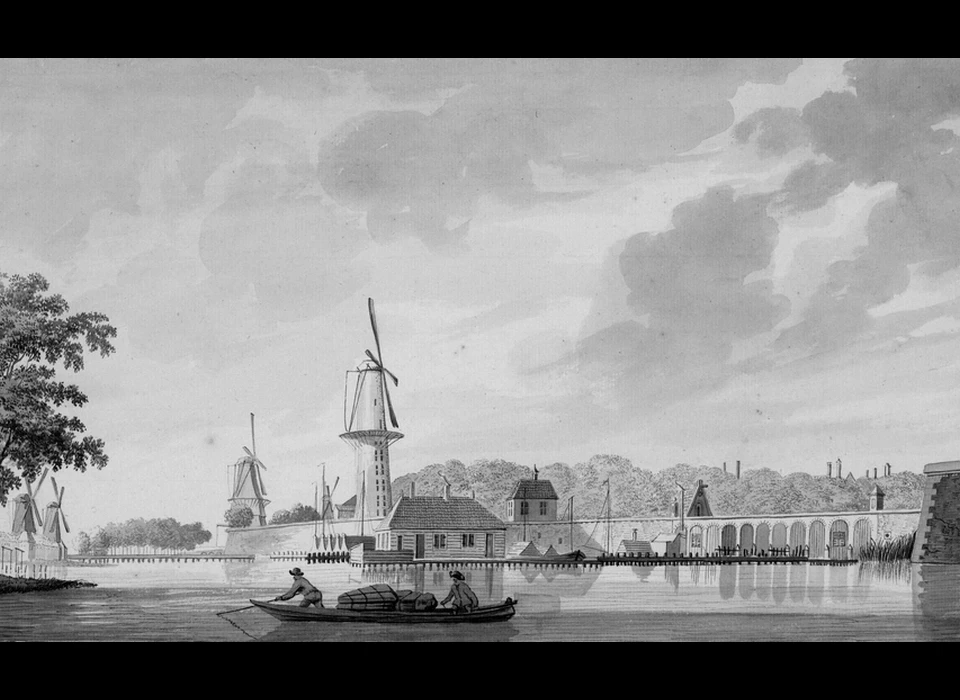 Kruising van de Amstel en de Singelgracht, gezien van de Singelweg buiten de Weesperpoort, midden bolwerk Westerblokhuis met molen De Groen en Jachthaven (Hendrik Tavenier, 1784)