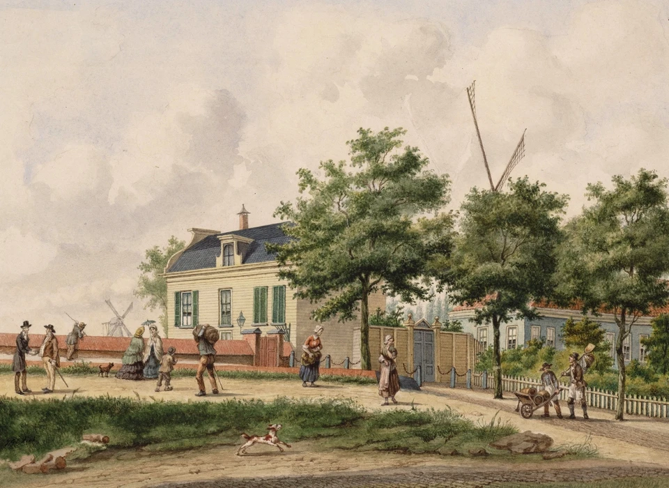 Rechts danshuis 'Dalrust' (voorheen 'de Steenen molen'), op de achtergrond de wieken van de Hooge Steenen Molen (J.G.L.Rieke, 1861)