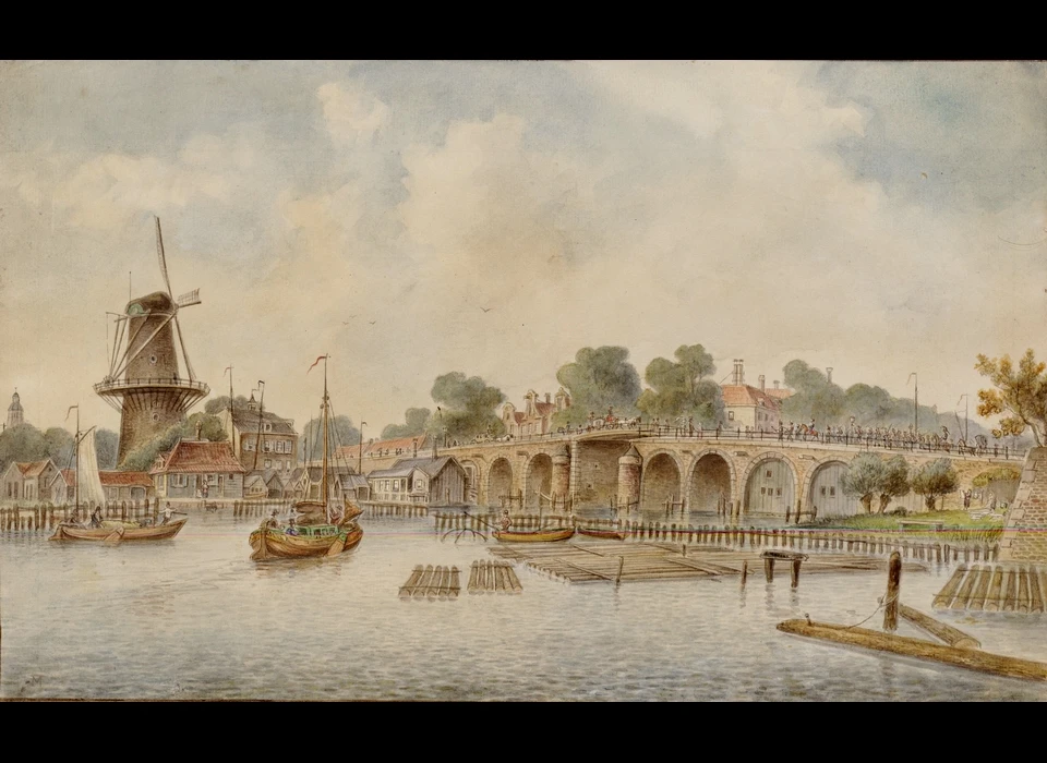 De Hogesluis vanaf de Weesperzijde v.r.n.l. de Hogesluis, de Amsteljachthaven en molen de Groen op bolwerk Westerblokhuis (Jacob Ernst Marcus (1774-1826), 1825)