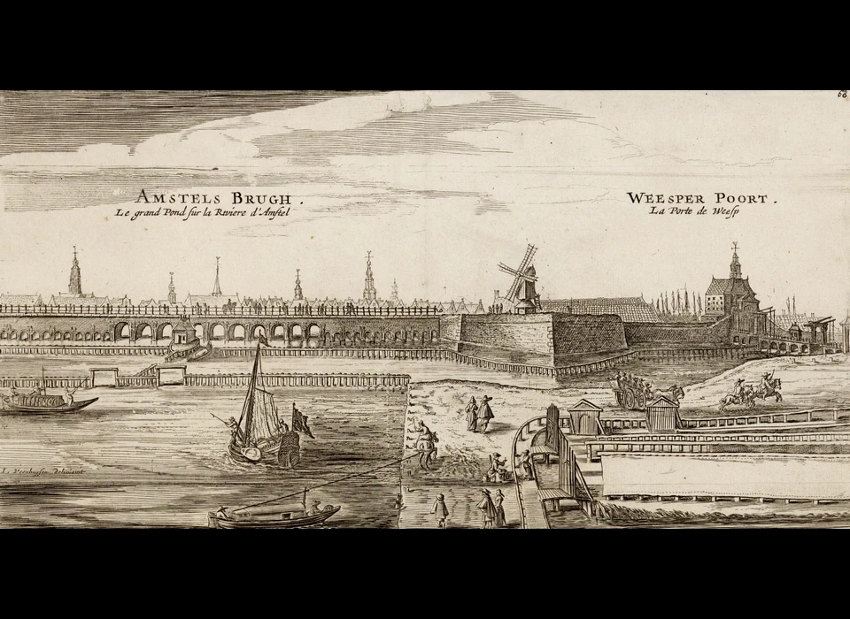 Vanaf de Weesperzijde op de Hogesluis, het bolwerk Oosterblokhuis en de Weesperpoort. Voor de Hogesluis het accijnshuis (Jan Veenhuysen, 1665)