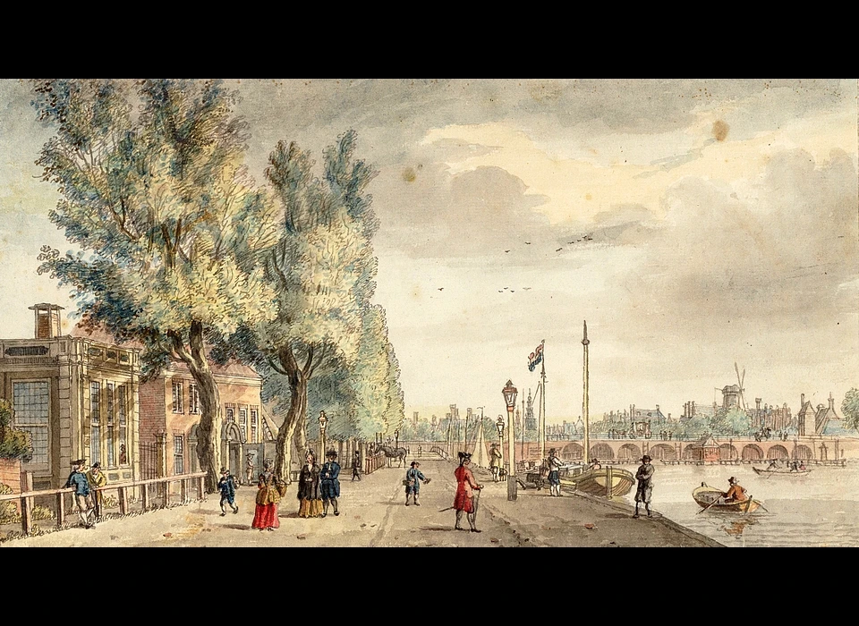 Amsteldijk gezien in noordelijke richting met rechts de Amstel en Hogesluis en links herberg de Berebijt, nu Amsteldijk 25 (Johannes Schouten (1716-1792), 1770)