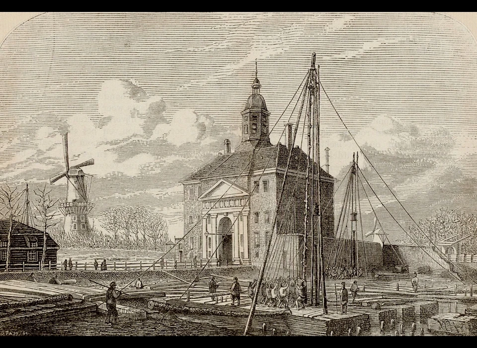 Links op de achtergrond de Hooge Steenen Molen op bolwerk Westerblokhuis, midden Utrechtsepoort, rechts bouwput voor bouw Paleis voor Volksvlijt (Willem Hekking jr., 1859)