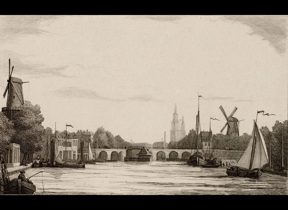 Amstel naar Hogesluis, links molen De Groen op bolwerk Westerblokhuis, rechts molen De Bul op bolwerk Oosterblokhuis (Charles Edouard Taurel, 1855)