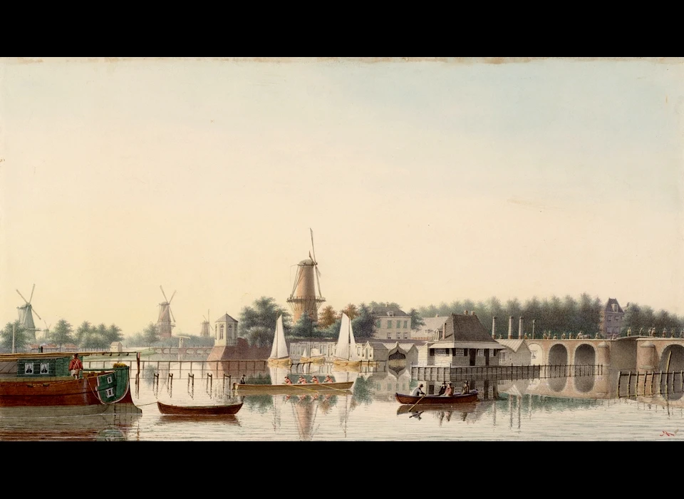 Gezicht op Amstel met Jachthaven en rechts de Hogesluis, midden molen De Groen op bolwerk Westerblokhuis. Links daarvan, de theekoepel van buitenplaats Amstelhoek (J.M.A.Rieke, 1888)