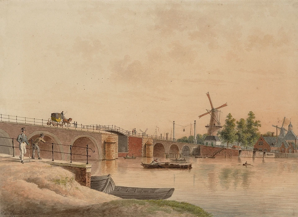 Amstel naar Hogesluis rechts de Utrechtsepoort en molen De Groen op bolwerk Westerblokhuis. (J.van Leeuwen, 1823)