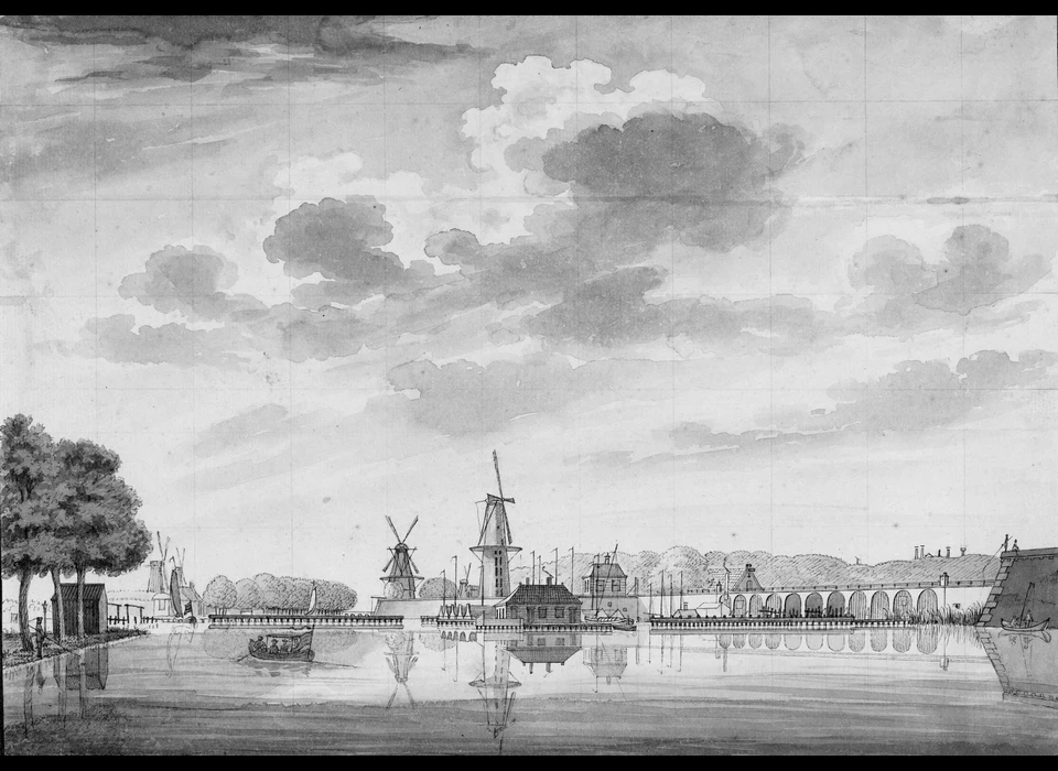 Kruising van de Amstel en de Singelgracht, gezien van de Singelweg buiten de Weesperpoort, midden bolwerk Westerblokhuis met molen De Groen (Hendrik Tavenier, 1767)