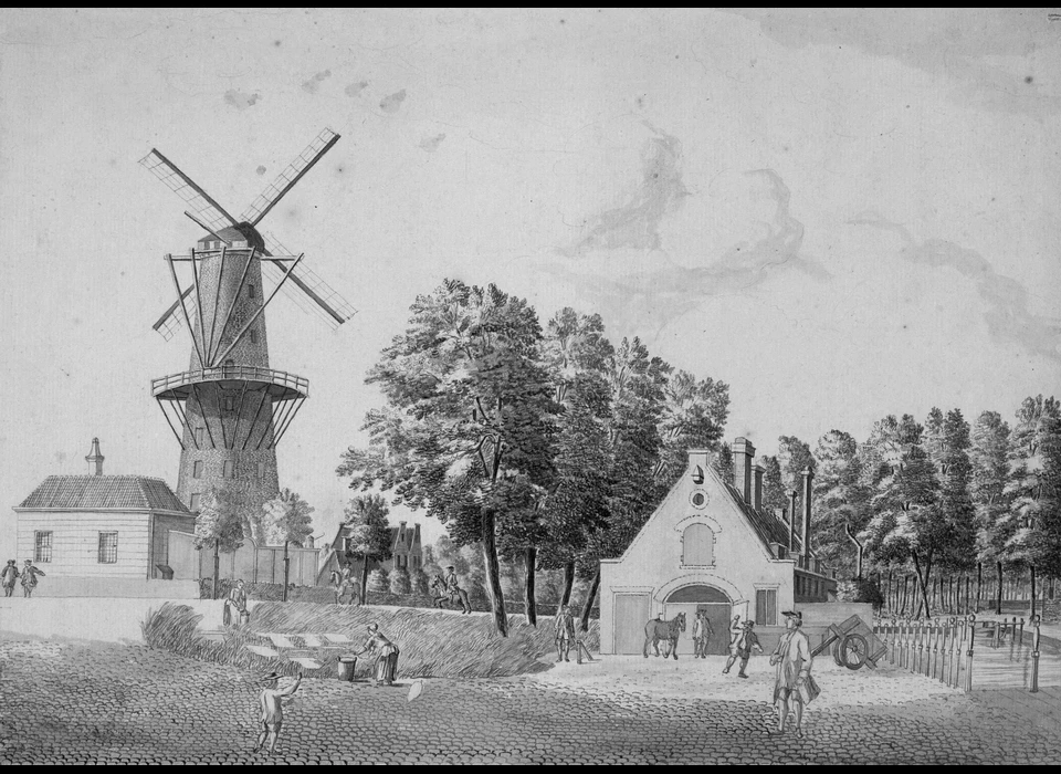 Bolwerk Westerblokhuis gezien vanaf de Hogesluis, links de stenen molen 'de Groen' en rechts de stadsasloods (Jan Spaan, 1765)